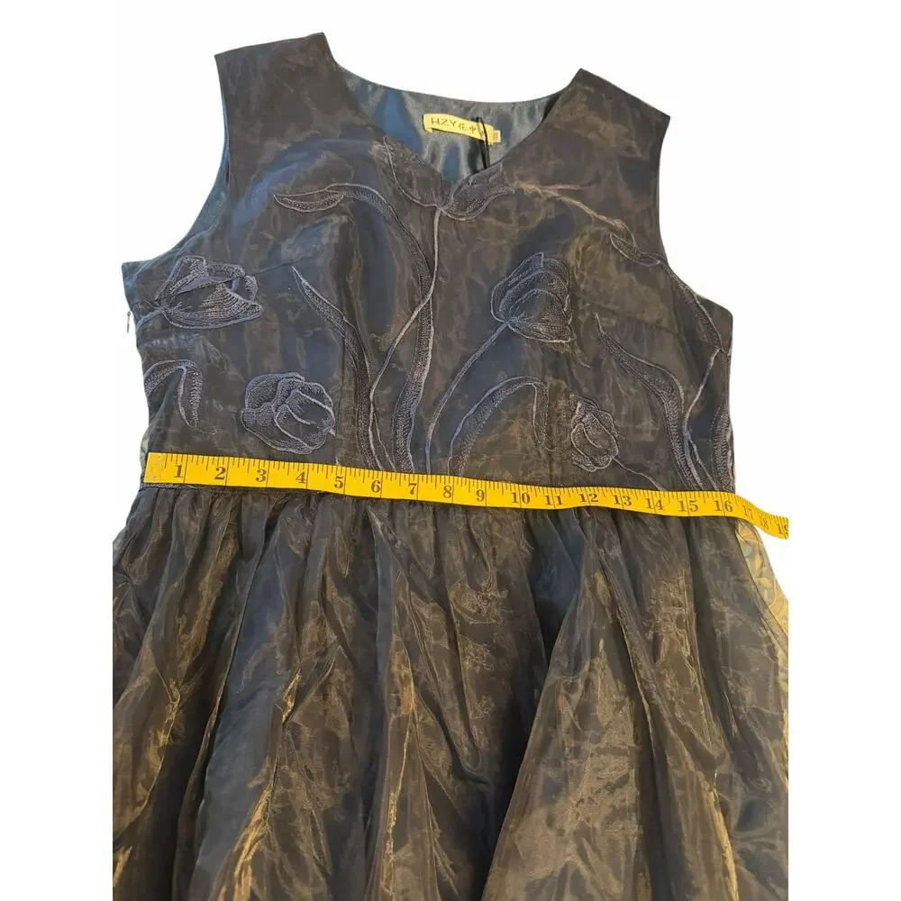 STYLEWE HZY Navy Blue Organza with Emroidered Floral Detail Dress